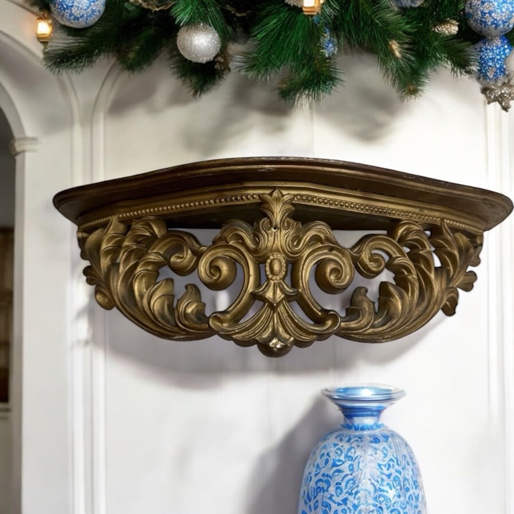 vintage hollywood regency syroco gilted gold mounted wall shelf bracket